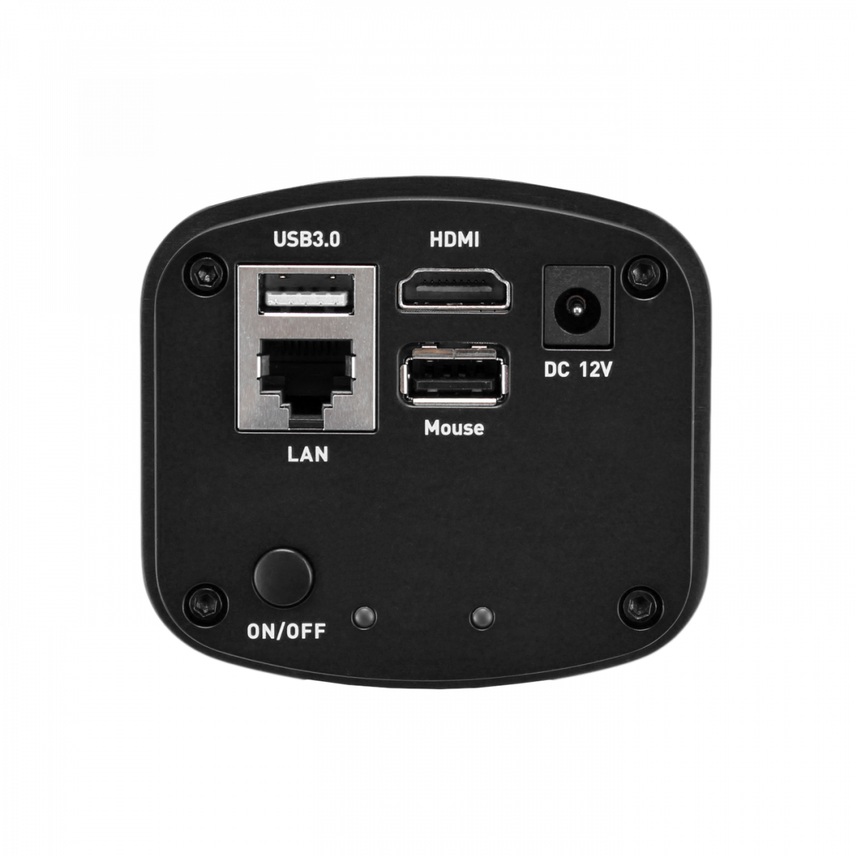 Excelis 4K camera, showing connection ports for HDMI, Ethernet, USB 3.0 and USB 2.0 (for mouse control)