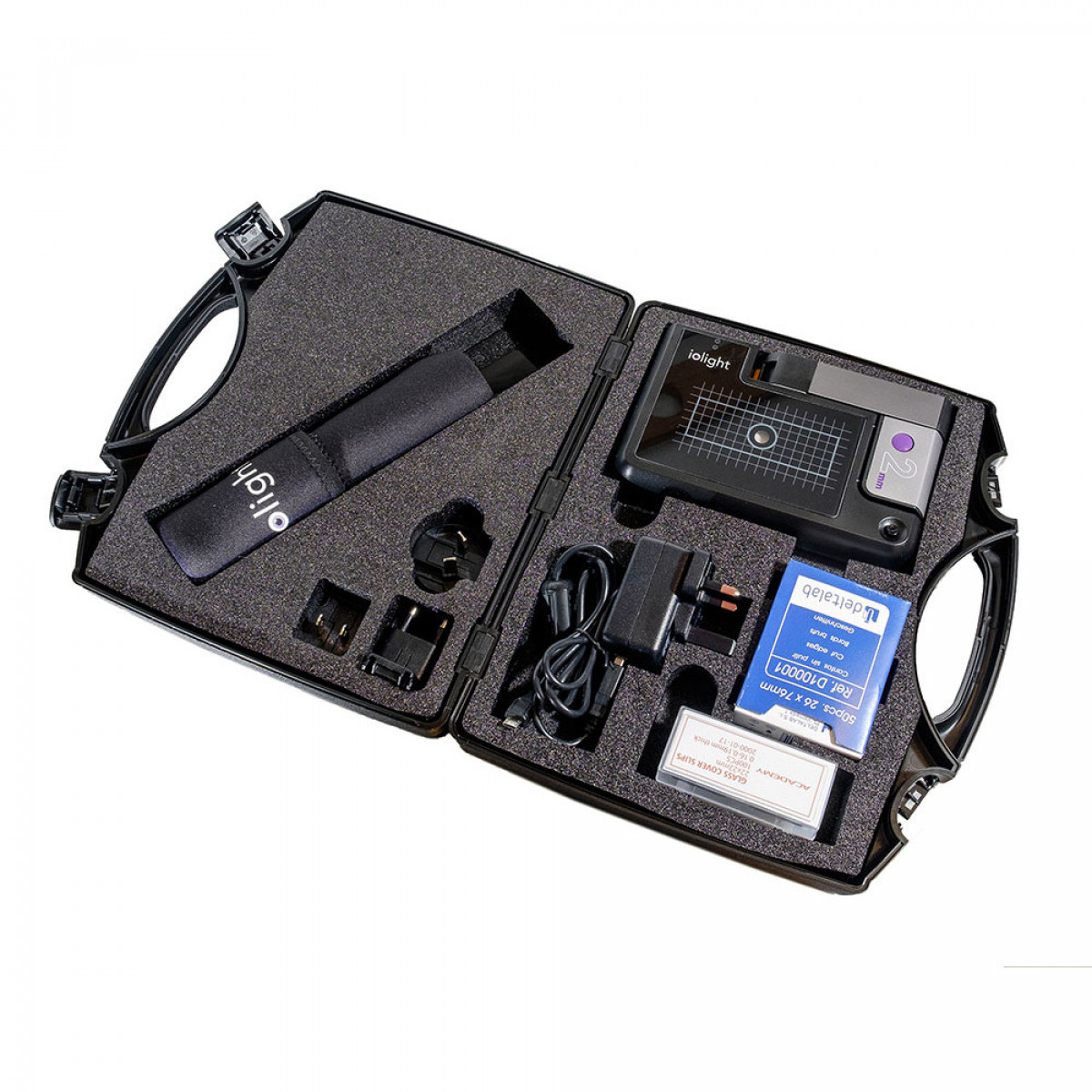ioLight case shown with microscope, pouch and charger (not included)