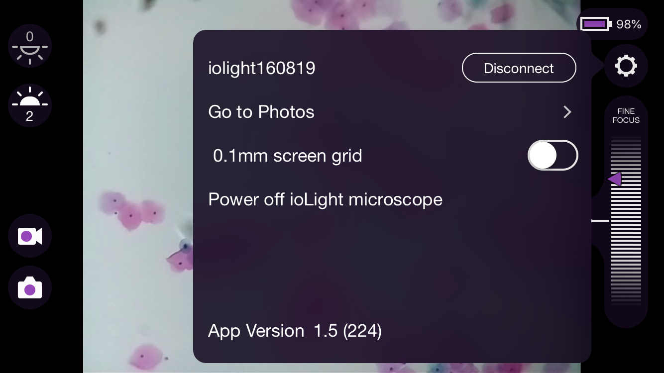 Settings interface of ioLight app on iPhone