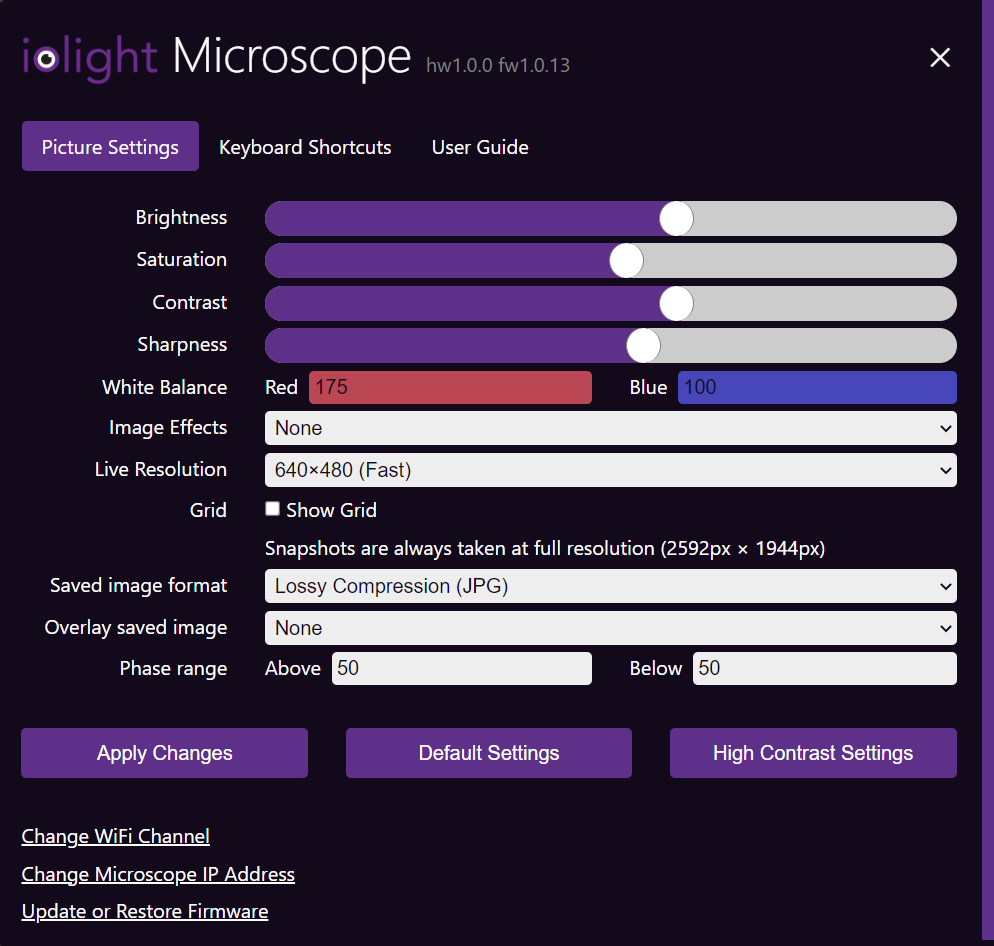 Settings interface of ioLight app in browser (Chrome in Windows 11)